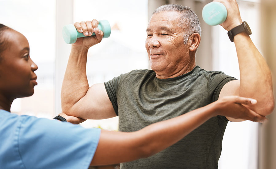 A senior male carrying weights
