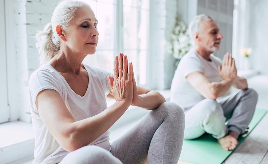 Two elderly individuals practicing yoga