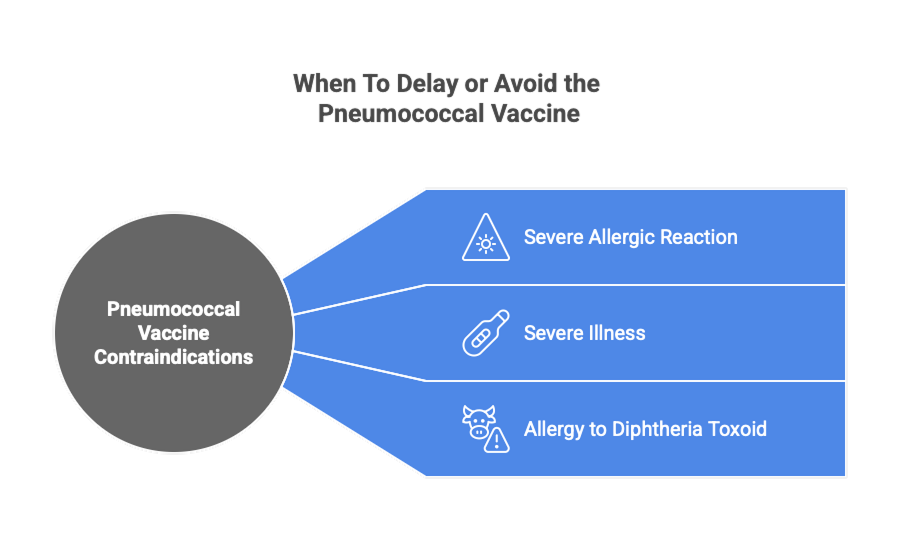 An infographic outlining the medical conditions and situations where the pneumococcal vaccine should be delayed or avoided